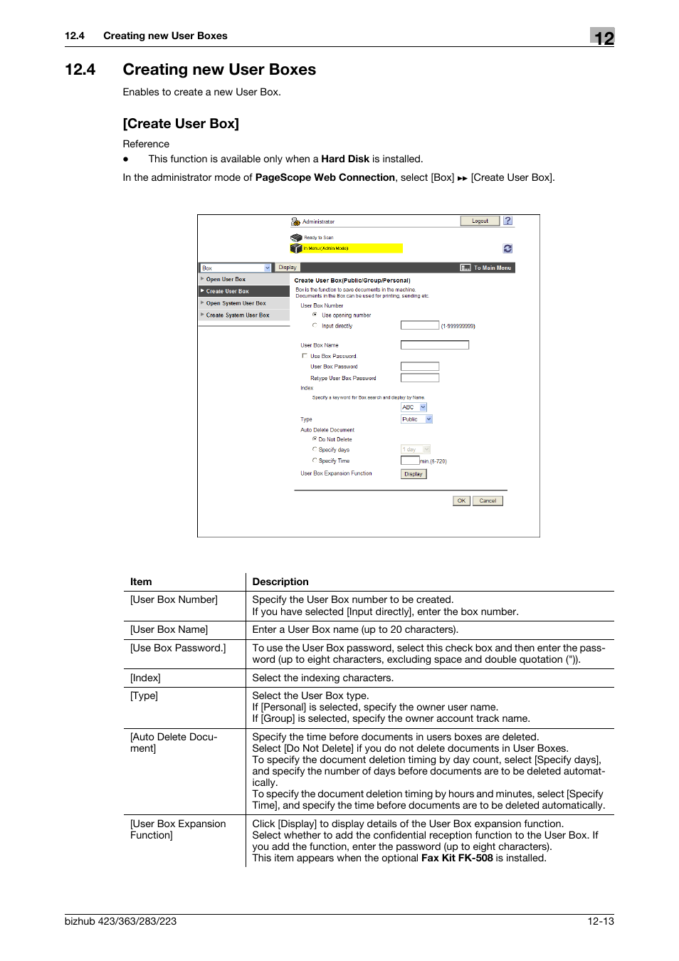 4 creating new user boxes, Create user box, Creating new user boxes -13 [create user box] -13 | Konica Minolta BIZHUB 223 User Manual | Page 283 / 371