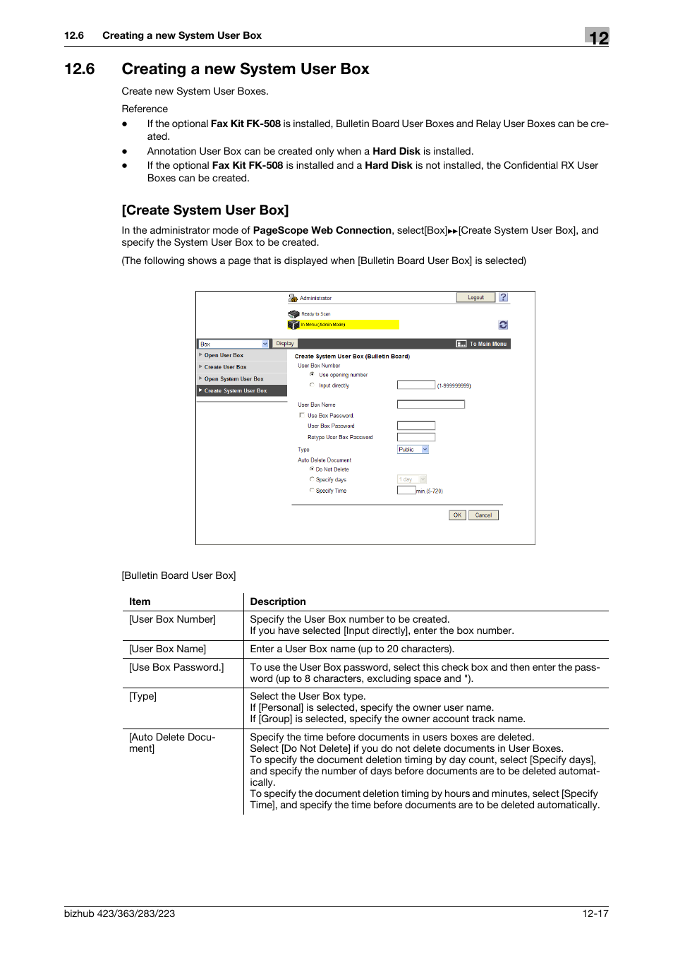 6 creating a new system user box, Create system user box | Konica Minolta BIZHUB 223 User Manual | Page 287 / 371