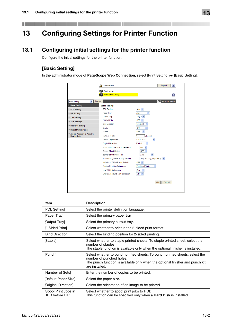 13 configuring settings for printer function, Basic setting, Configuring settings for printer function | Konica Minolta BIZHUB 223 User Manual | Page 291 / 371