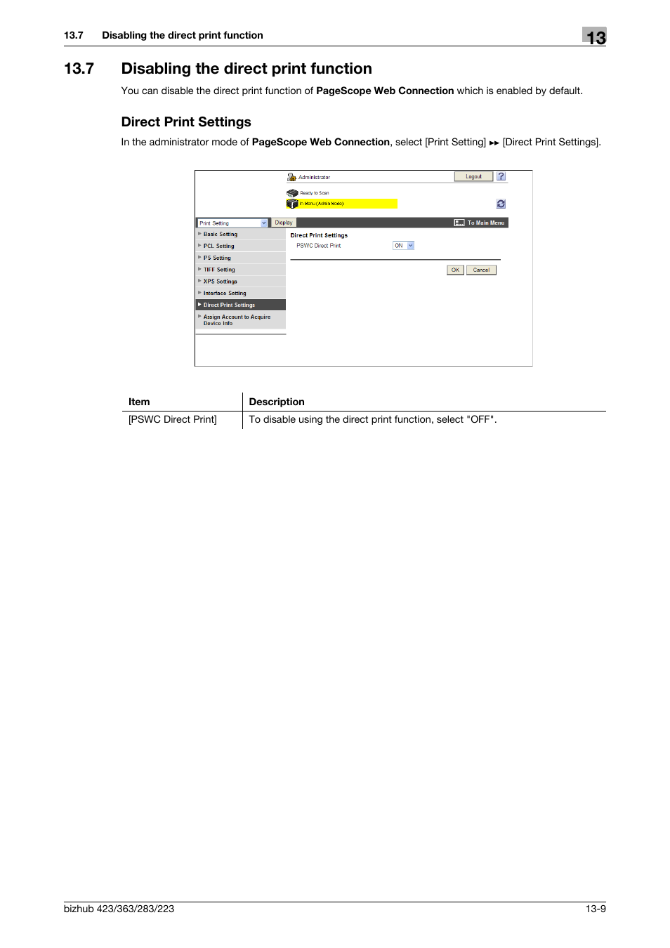 7 disabling the direct print function, Direct print settings | Konica Minolta BIZHUB 223 User Manual | Page 298 / 371