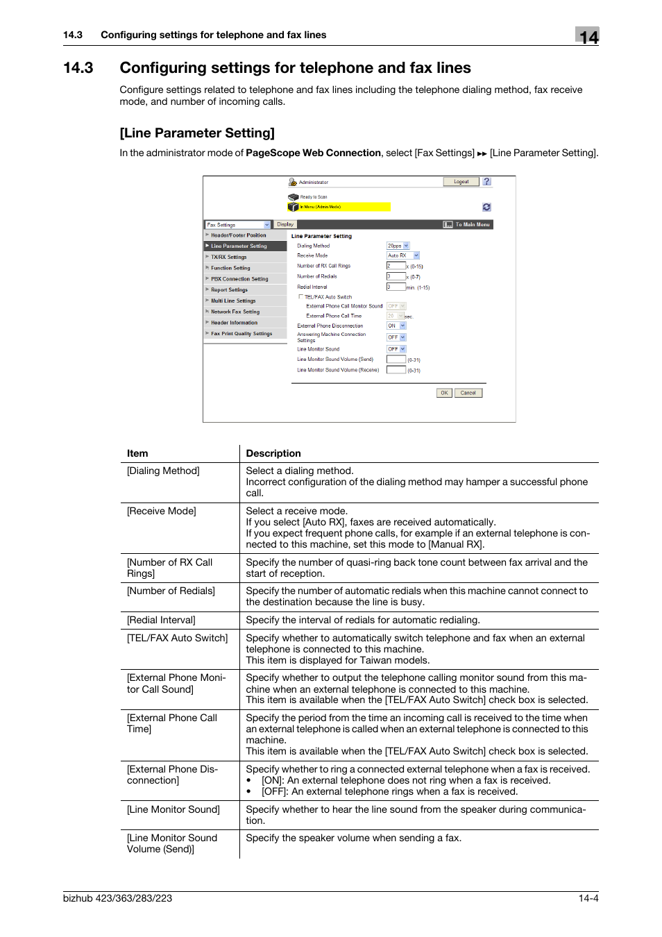 3 configuring settings for telephone and fax lines, Line parameter setting | Konica Minolta BIZHUB 223 User Manual | Page 303 / 371