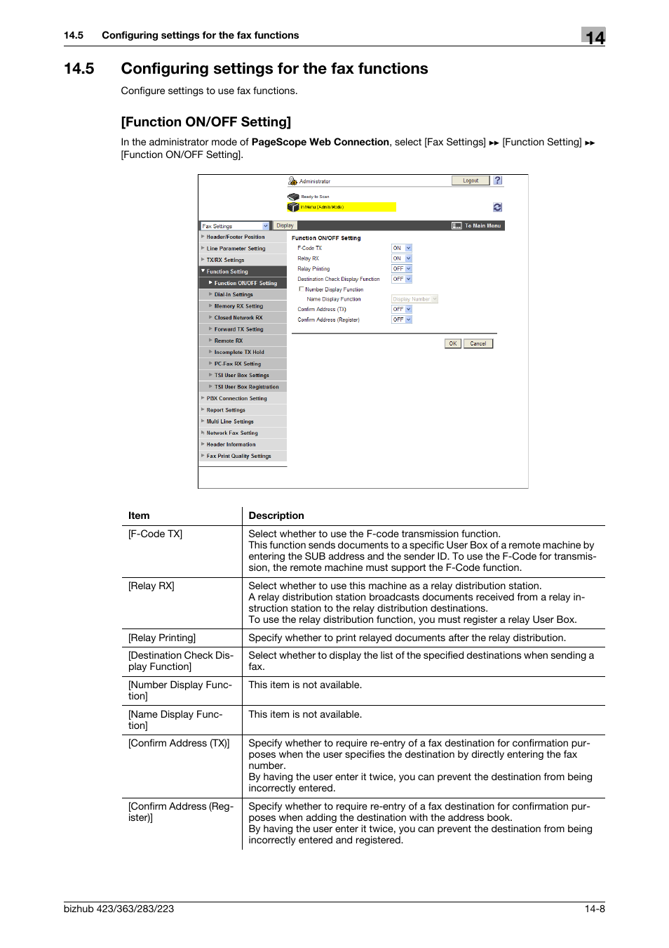 5 configuring settings for the fax functions, Function on/off setting | Konica Minolta BIZHUB 223 User Manual | Page 307 / 371