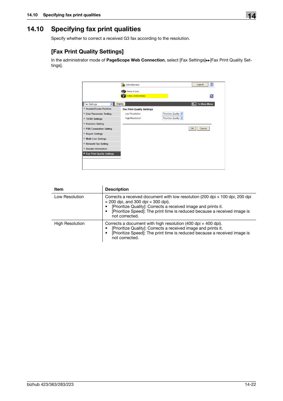 10 specifying fax print qualities, Fax print quality settings | Konica Minolta BIZHUB 223 User Manual | Page 321 / 371