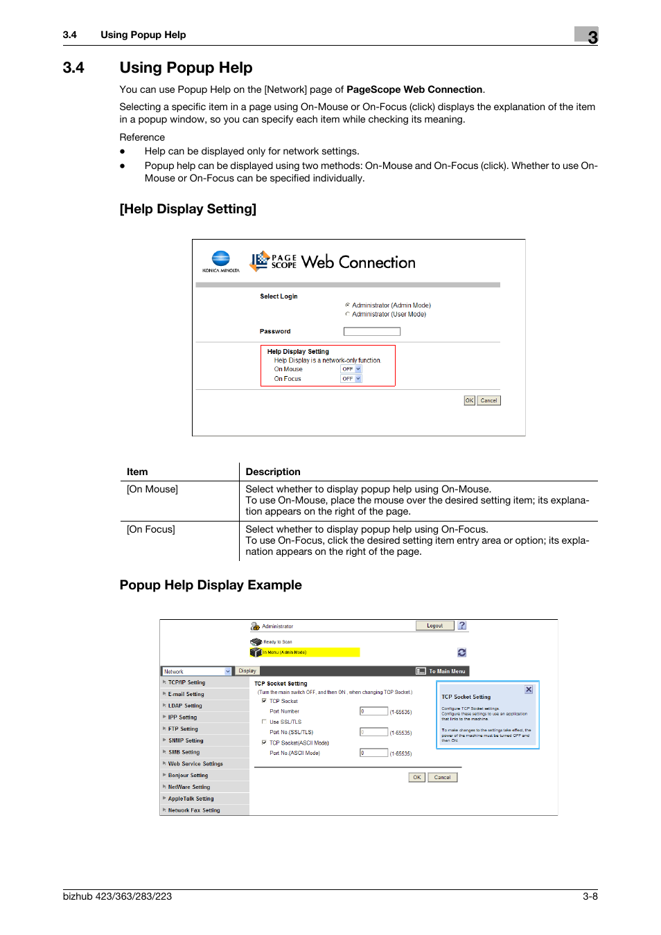 4 using popup help, Help display setting, Popup help display example | Konica Minolta BIZHUB 223 User Manual | Page 33 / 371