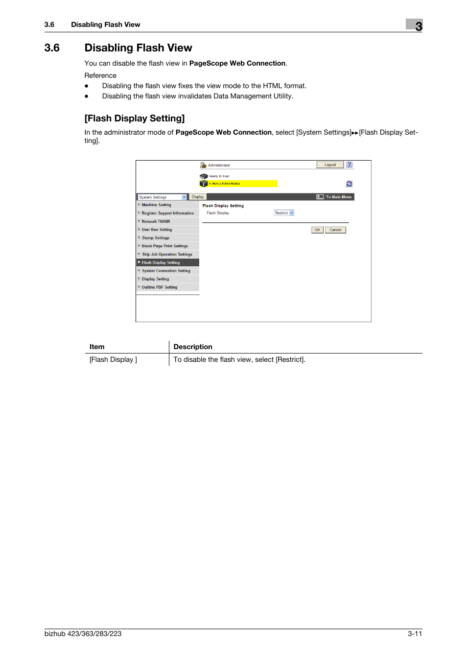 6 disabling flash view, Flash display setting | Konica Minolta BIZHUB 223 User Manual | Page 36 / 371
