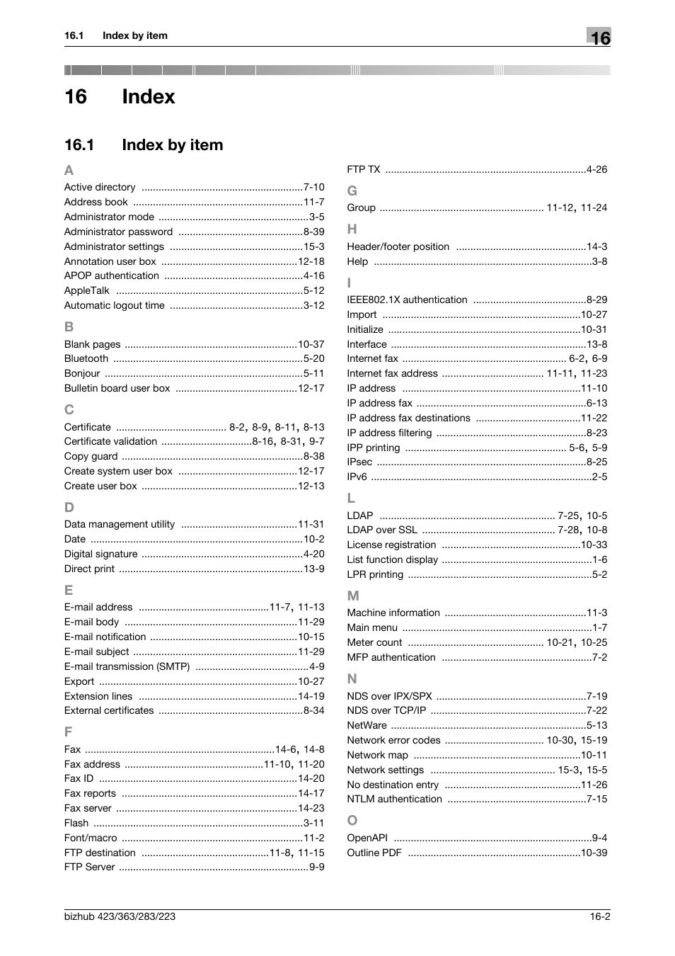 16 index, 1 index by item, Index | Index by item -2 | Konica Minolta BIZHUB 223 User Manual | Page 367 / 371