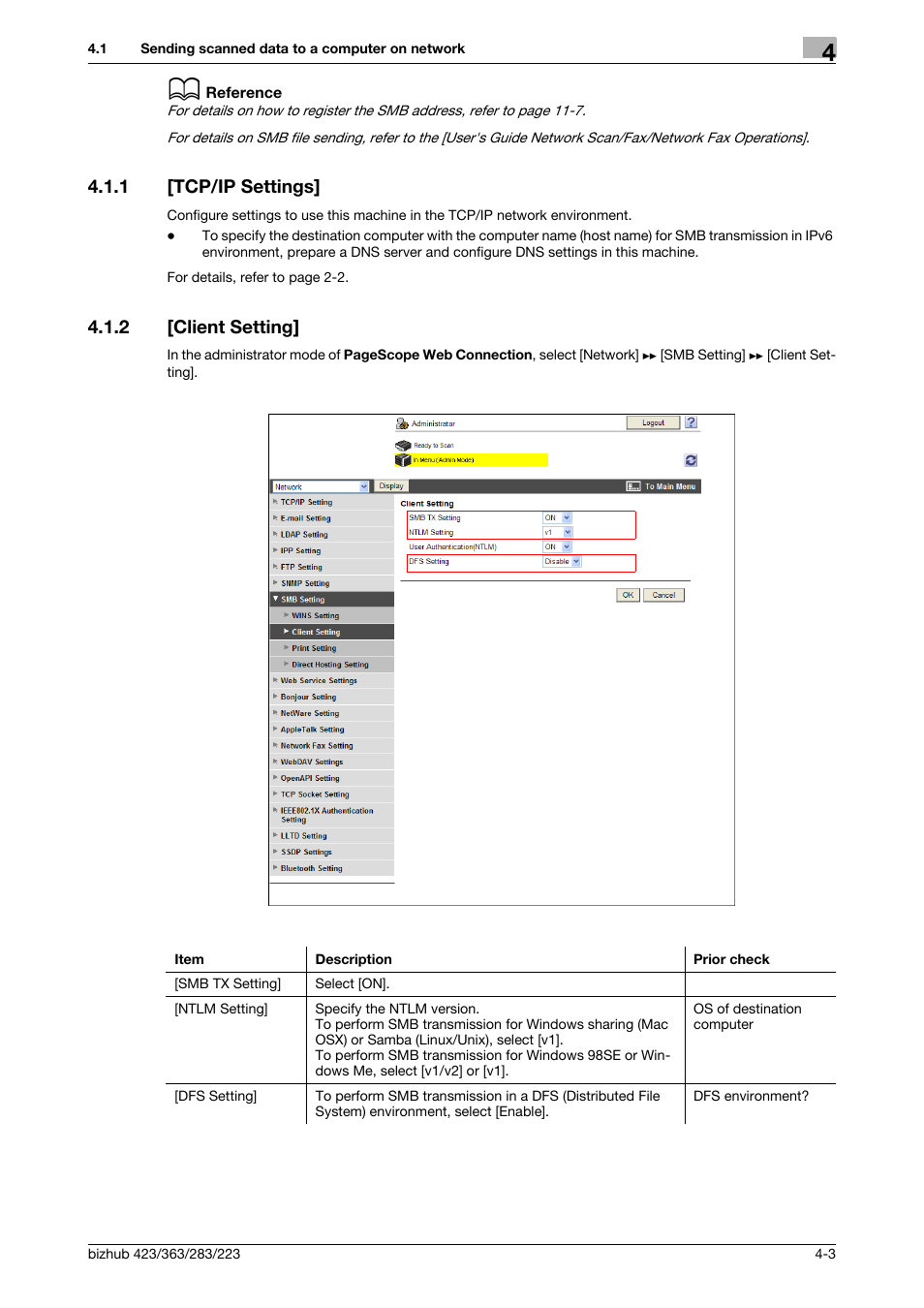 1 [tcp/ip settings, 2 [client setting, Tcp/ip settings] -3 | Client setting] -3, Tcp/ip settings, Client setting | Konica Minolta BIZHUB 223 User Manual | Page 40 / 371