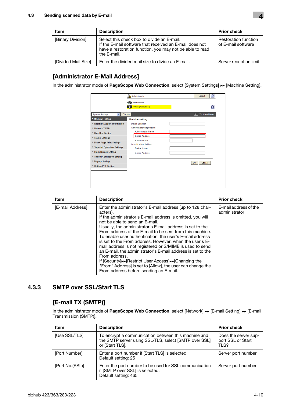Administrator e-mail address, 3 smtp over ssl/start tls, E-mail tx (smtp) | Administrator e-mail address] -10, Smtp over ssl/start tls -10 [e-mail tx (smtp)] -10, Smtp over, Ssl/start tls, 3 smtp over ssl/start tls [e-mail tx (smtp) | Konica Minolta BIZHUB 223 User Manual | Page 47 / 371