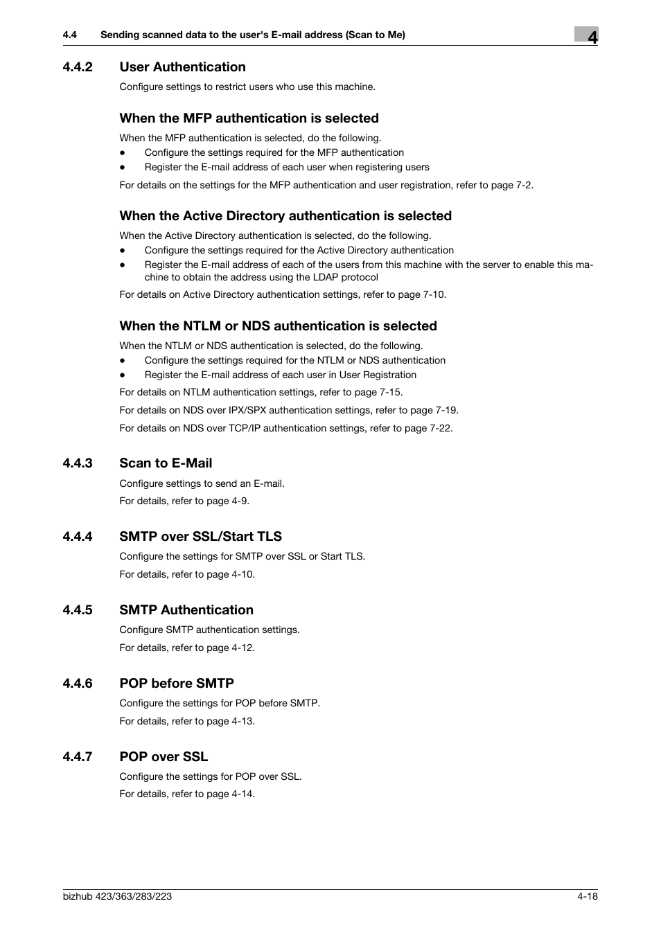 2 user authentication, When the mfp authentication is selected, When the ntlm or nds authentication is selected | 3 scan to e-mail, 4 smtp over ssl/start tls, 5 smtp authentication, 6 pop before smtp, 7 pop over ssl, Scan to e-mail -18, Smtp over ssl/start tls -18 | Konica Minolta BIZHUB 223 User Manual | Page 55 / 371