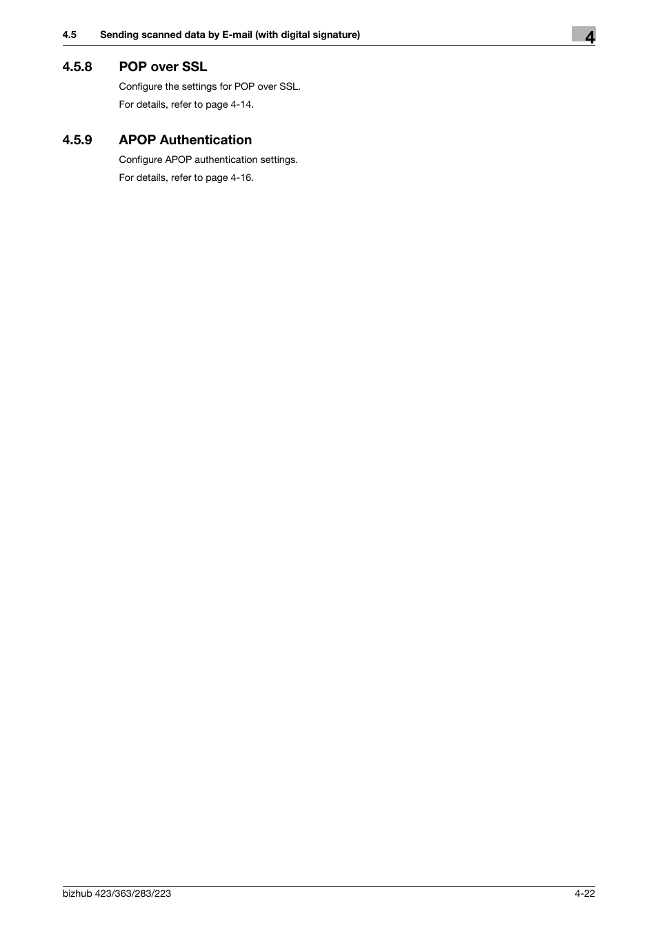 8 pop over ssl, 9 apop authentication, Pop over ssl -22 | Apop authentication -22, 1) pop over ssl, 2) apop authenti, Cation | Konica Minolta BIZHUB 223 User Manual | Page 59 / 371
