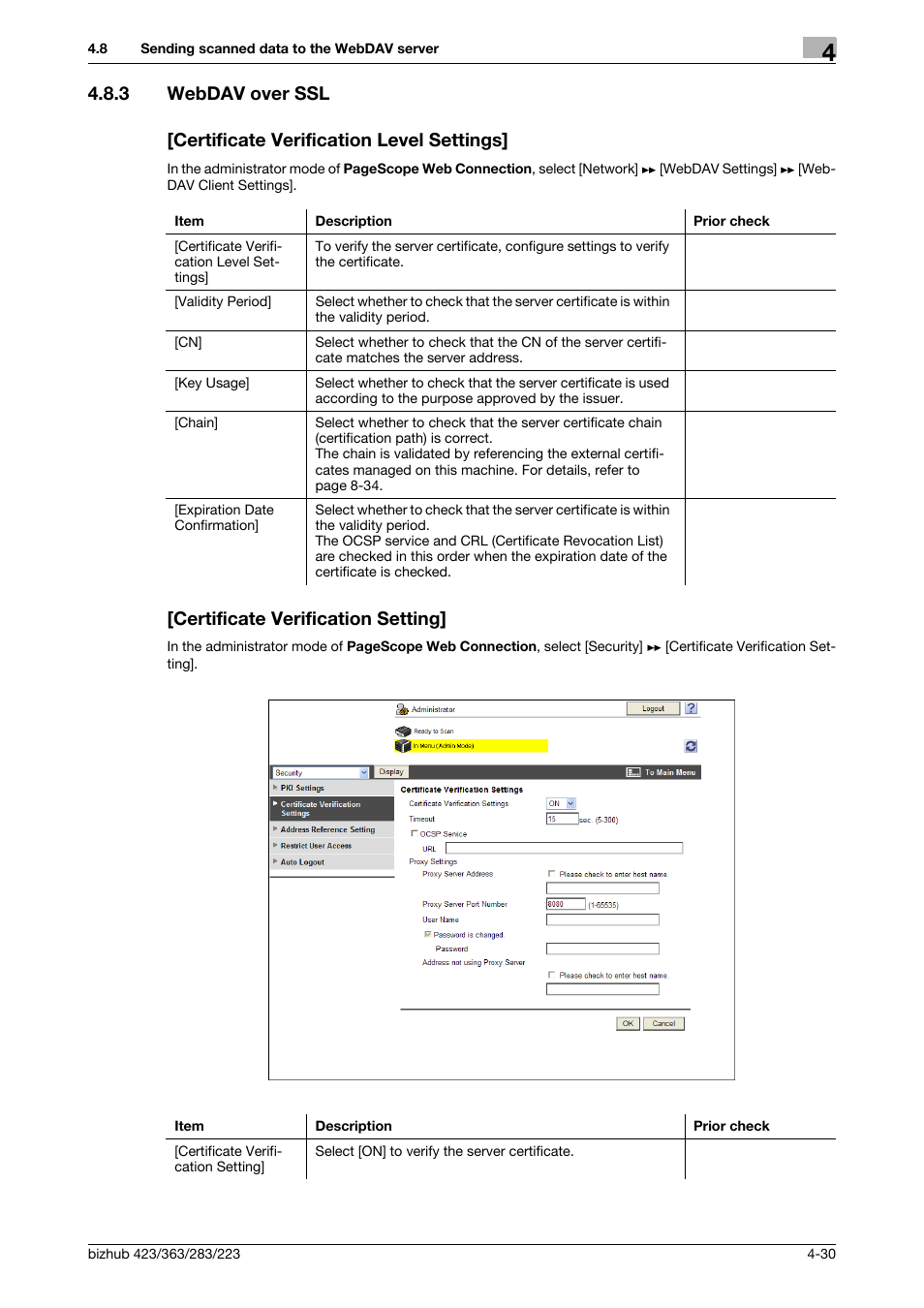 3 webdav over ssl, Certificate verification level settings, Certificate verification setting | Webdav over ssl | Konica Minolta BIZHUB 223 User Manual | Page 67 / 371