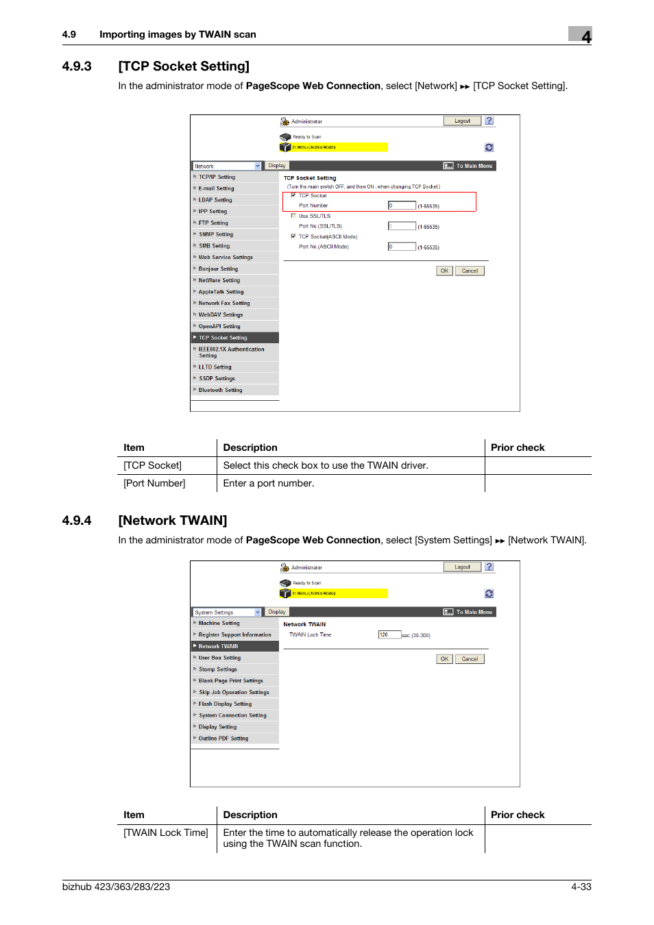 3 [tcp socket setting, 4 [network twain, Tcp socket setting] -33 | Network twain] -33, Tcp socket setting, Network twain | Konica Minolta BIZHUB 223 User Manual | Page 70 / 371