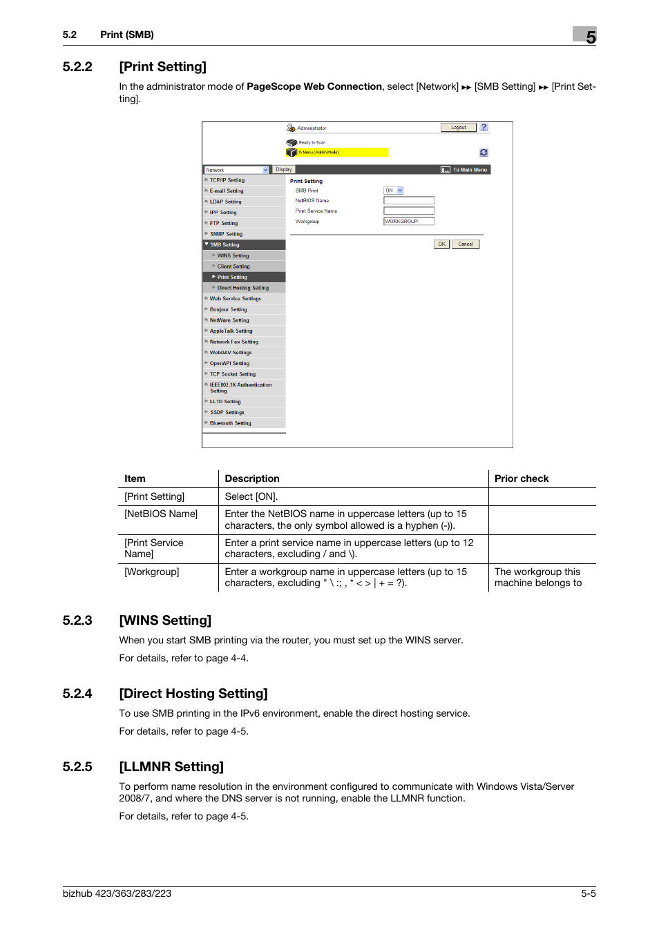 2 [print setting, 3 [wins setting, 4 [direct hosting setting | 5 [llmnr setting, Print setting] -5, Wins setting] -5, Direct hosting setting] -5, Llmnr setting] -5, Print setting, Direct hosting setting | Konica Minolta BIZHUB 223 User Manual | Page 77 / 371