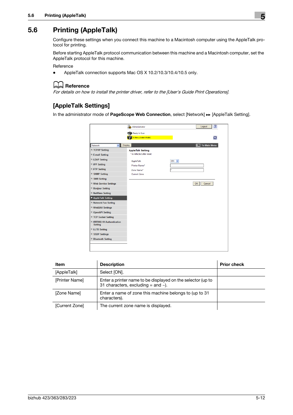 6 printing (appletalk), Appletalk settings, Printing (appletalk) -12 [appletalk settings] -12 | Konica Minolta BIZHUB 223 User Manual | Page 84 / 371