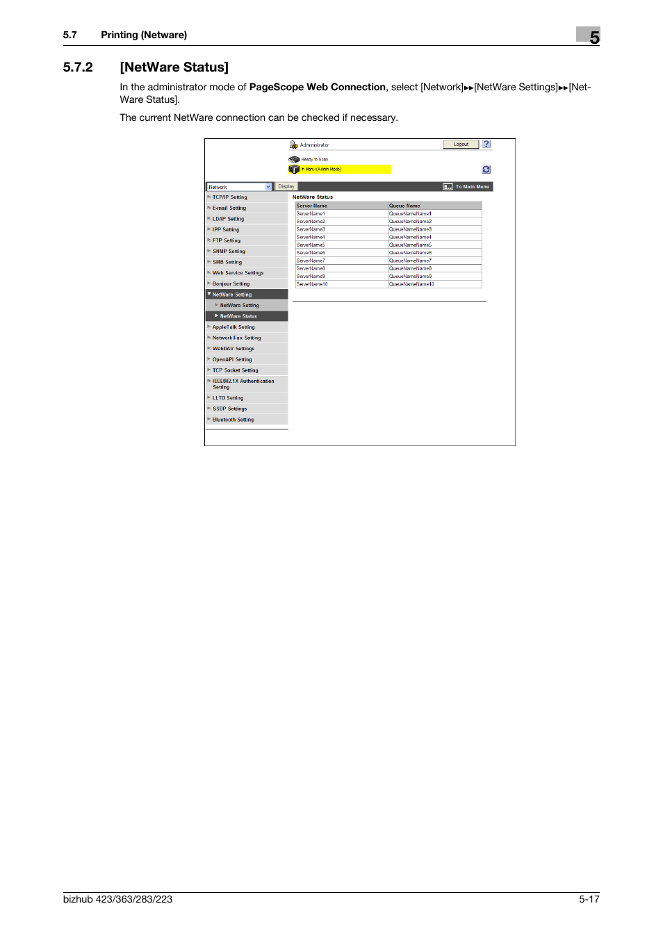 2 [netware status, Netware status] -17 | Konica Minolta BIZHUB 223 User Manual | Page 89 / 371