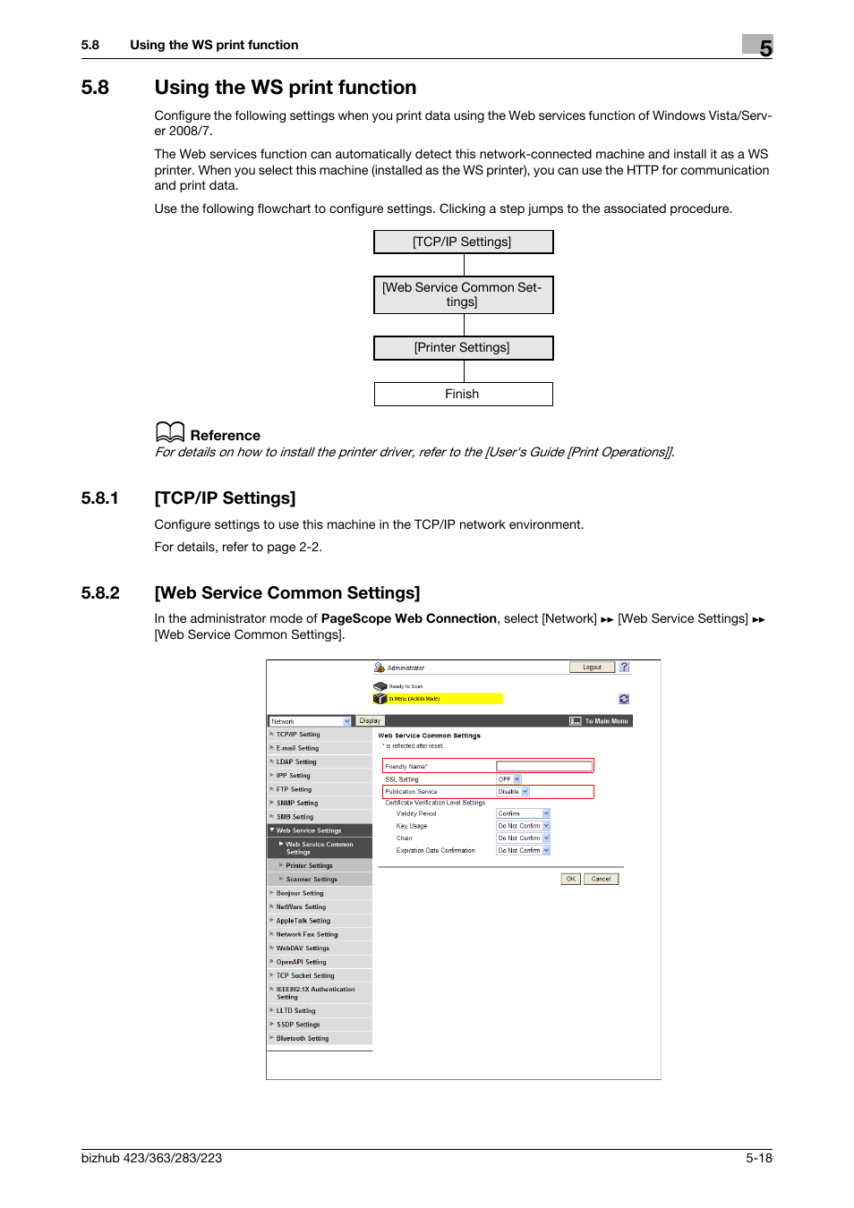 8 using the ws print function, 1 [tcp/ip settings, 2 [web service common settings | Using the ws print function -18, Tcp/ip settings] -18, Web service common settings] -18 | Konica Minolta BIZHUB 223 User Manual | Page 90 / 371