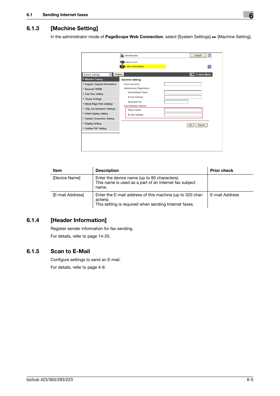 3 [machine setting, 4 [header information, 5 scan to e-mail | Machine setting] -5, Header information] -5, Scan to e-mail -5, Machine setting, Header informa, Tion, Scan to e-mail | Konica Minolta BIZHUB 223 User Manual | Page 98 / 371