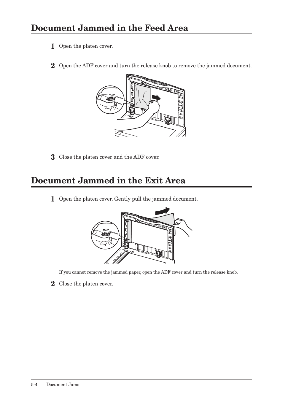 Document jammed in the feed area, Document jammed in the exit area | Konica Minolta bizhub 25 User Manual | Page 107 / 122