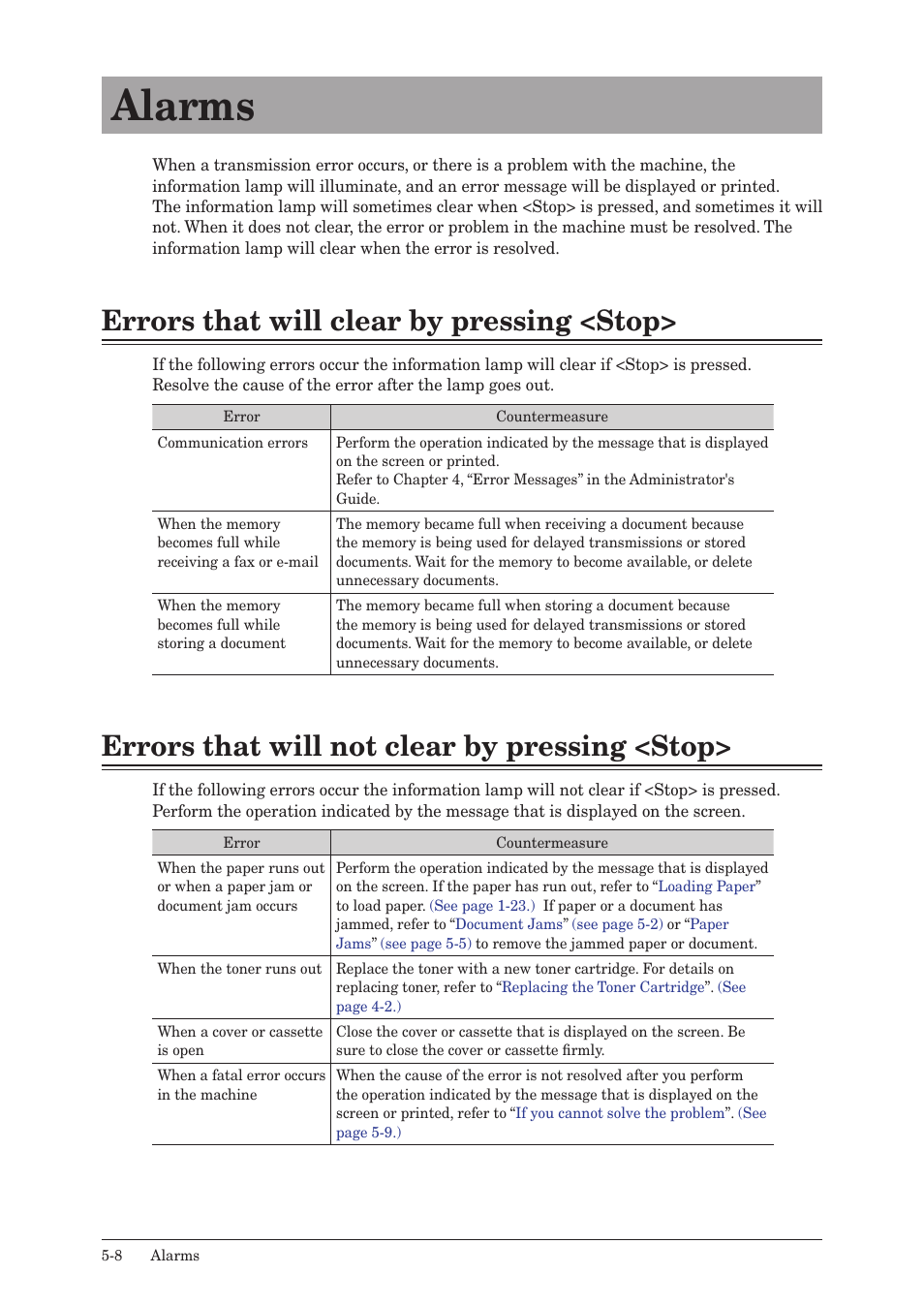 Alarms, Errors that will clear by pressing <stop, Errors that will not clear by pressing <stop | Alarms -8 | Konica Minolta bizhub 25 User Manual | Page 111 / 122
