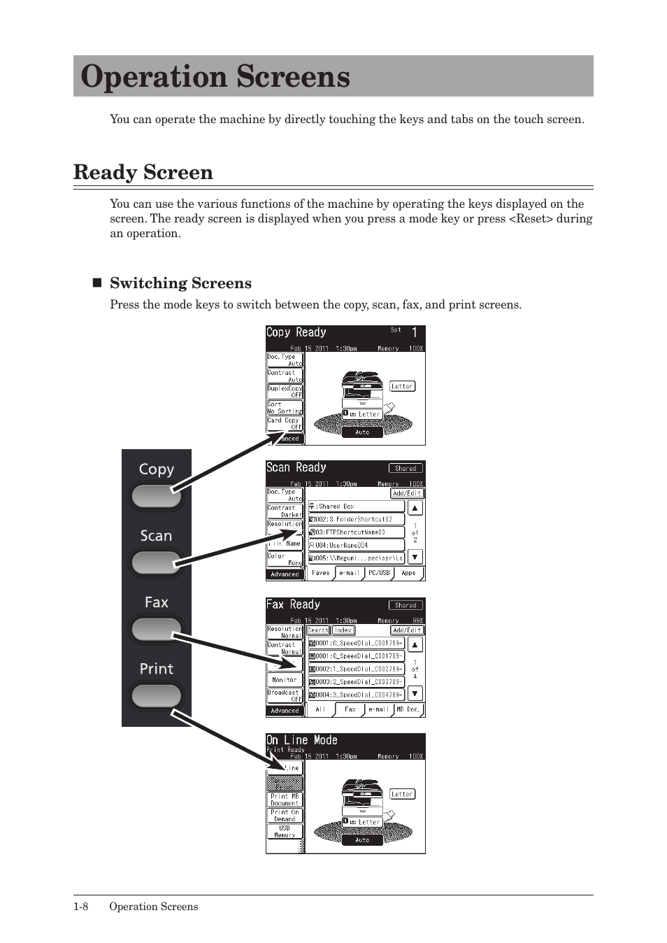 Operation screens, Ready screen, Operation screens -8 | Ready screen -8 | Konica Minolta bizhub 25 User Manual | Page 27 / 122