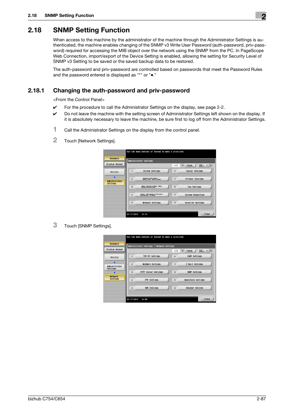 18 snmp setting function, 1 changing the auth-password and priv-password, Snmp setting function -87 | Changing the auth-password and priv-password -87 | Konica Minolta bizhub C754 User Manual | Page 103 / 195