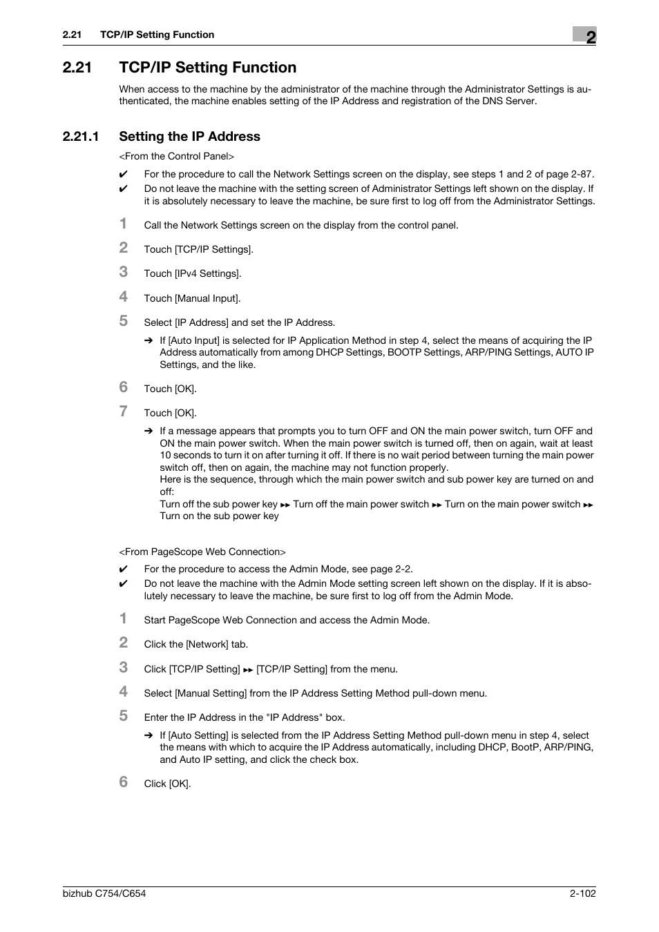 21 tcp/ip setting function, 1 setting the ip address, Tcp/ip setting function -102 | Setting the ip address -102 | Konica Minolta bizhub C754 User Manual | Page 118 / 195