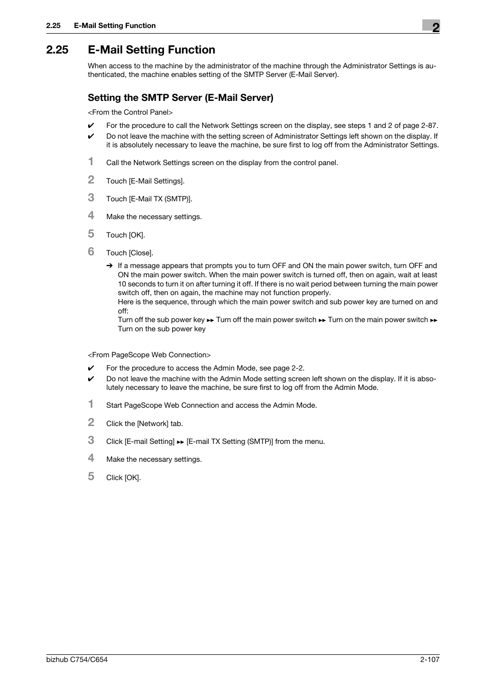 25 e-mail setting function, Setting the smtp server (e-mail server) | Konica Minolta bizhub C754 User Manual | Page 123 / 195