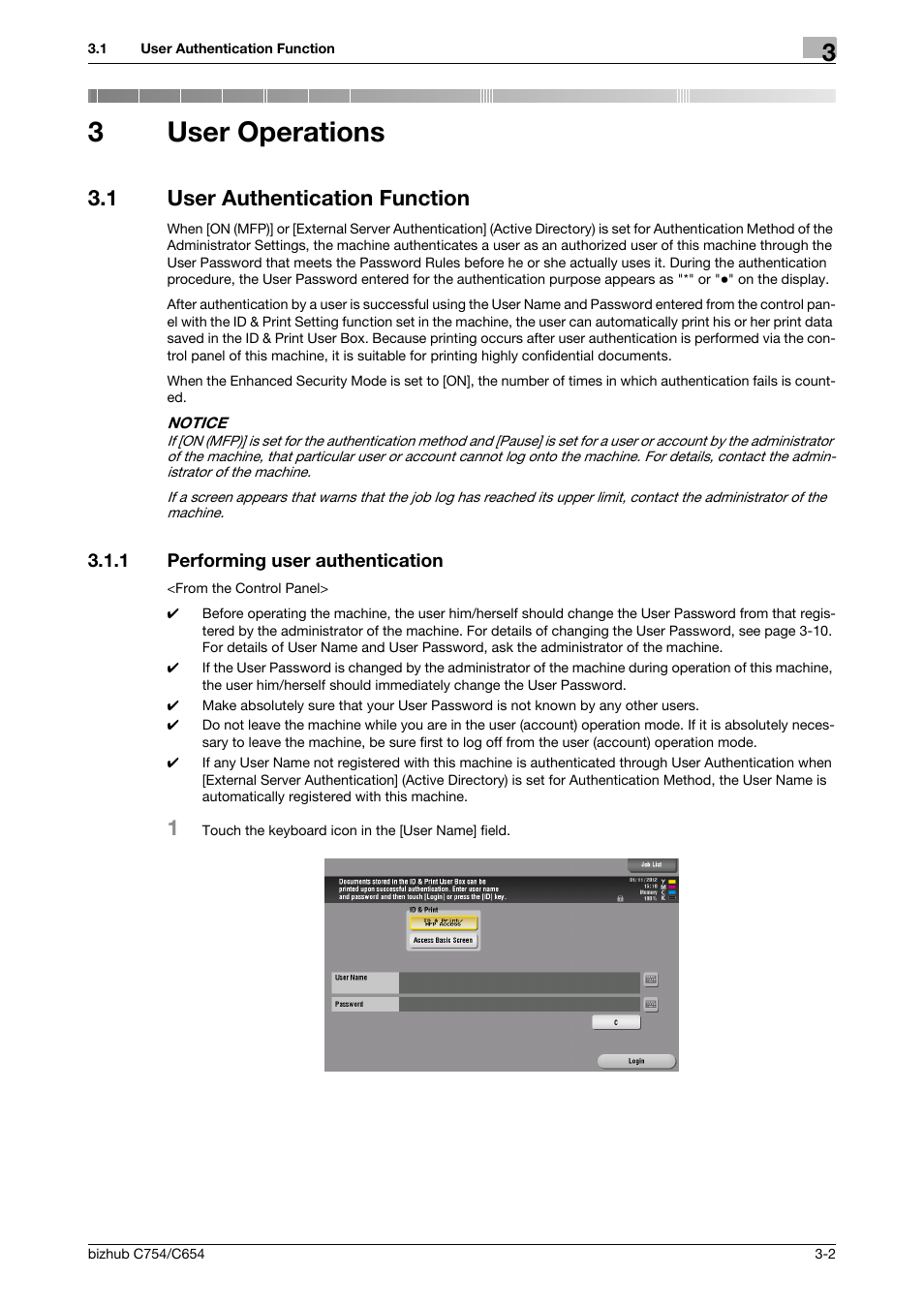 3 user operations, 1 user authentication function, 1 performing user authentication | User operations, User authentication function -2, Performing user authentication -2, 3user operations | Konica Minolta bizhub C754 User Manual | Page 125 / 195