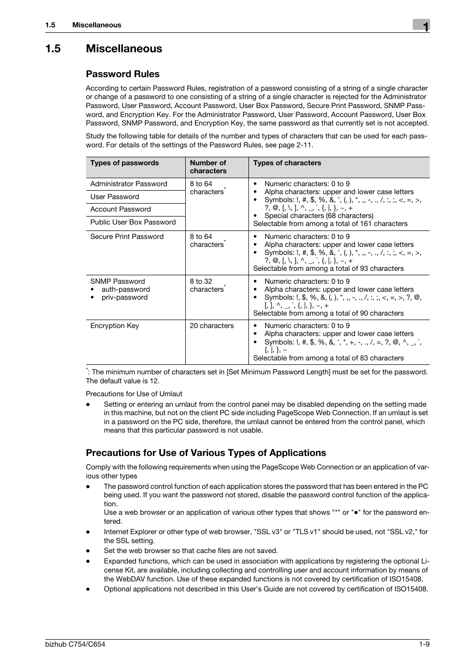 5 miscellaneous, Password rules | Konica Minolta bizhub C754 User Manual | Page 13 / 195