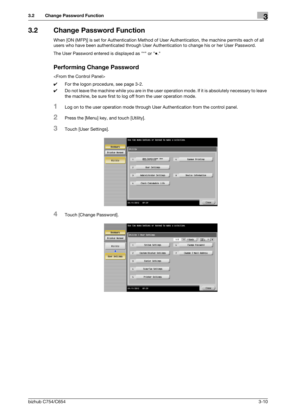 2 change password function, Performing change password | Konica Minolta bizhub C754 User Manual | Page 133 / 195