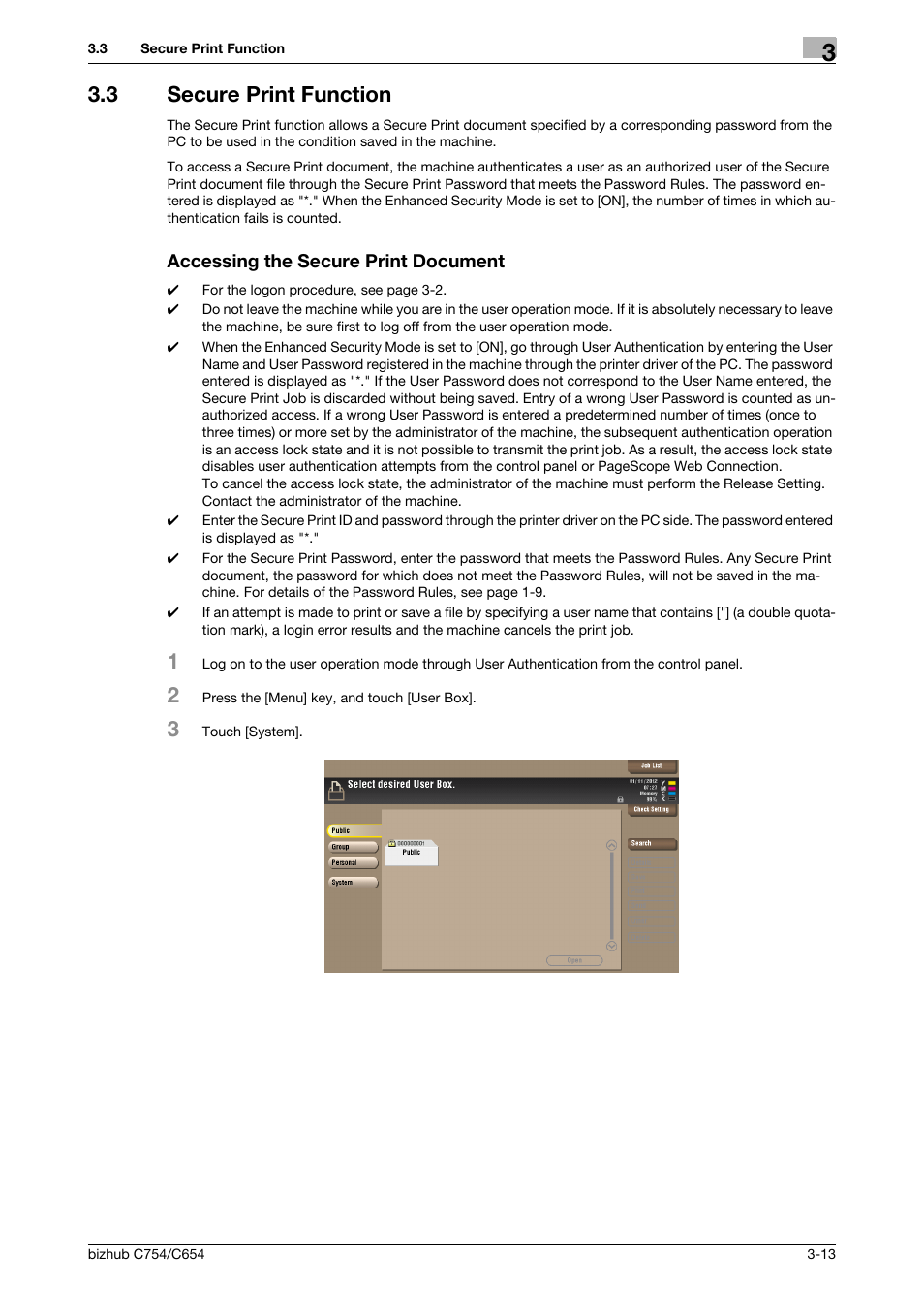 3 secure print function, Accessing the secure print document | Konica Minolta bizhub C754 User Manual | Page 136 / 195