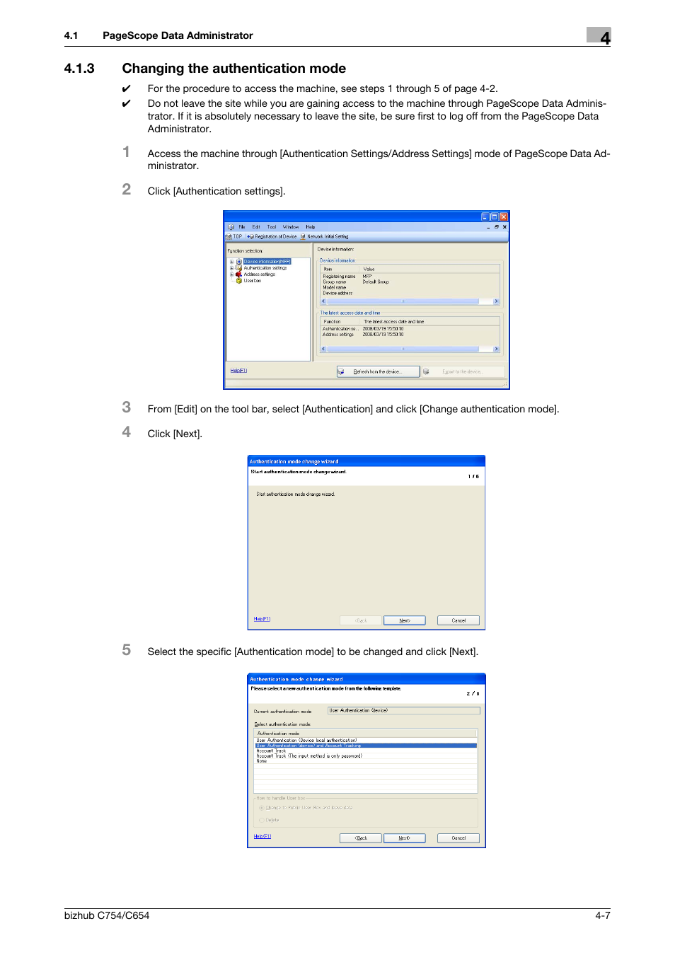 3 changing the authentication mode, Changing the authentication mode -7 | Konica Minolta bizhub C754 User Manual | Page 165 / 195