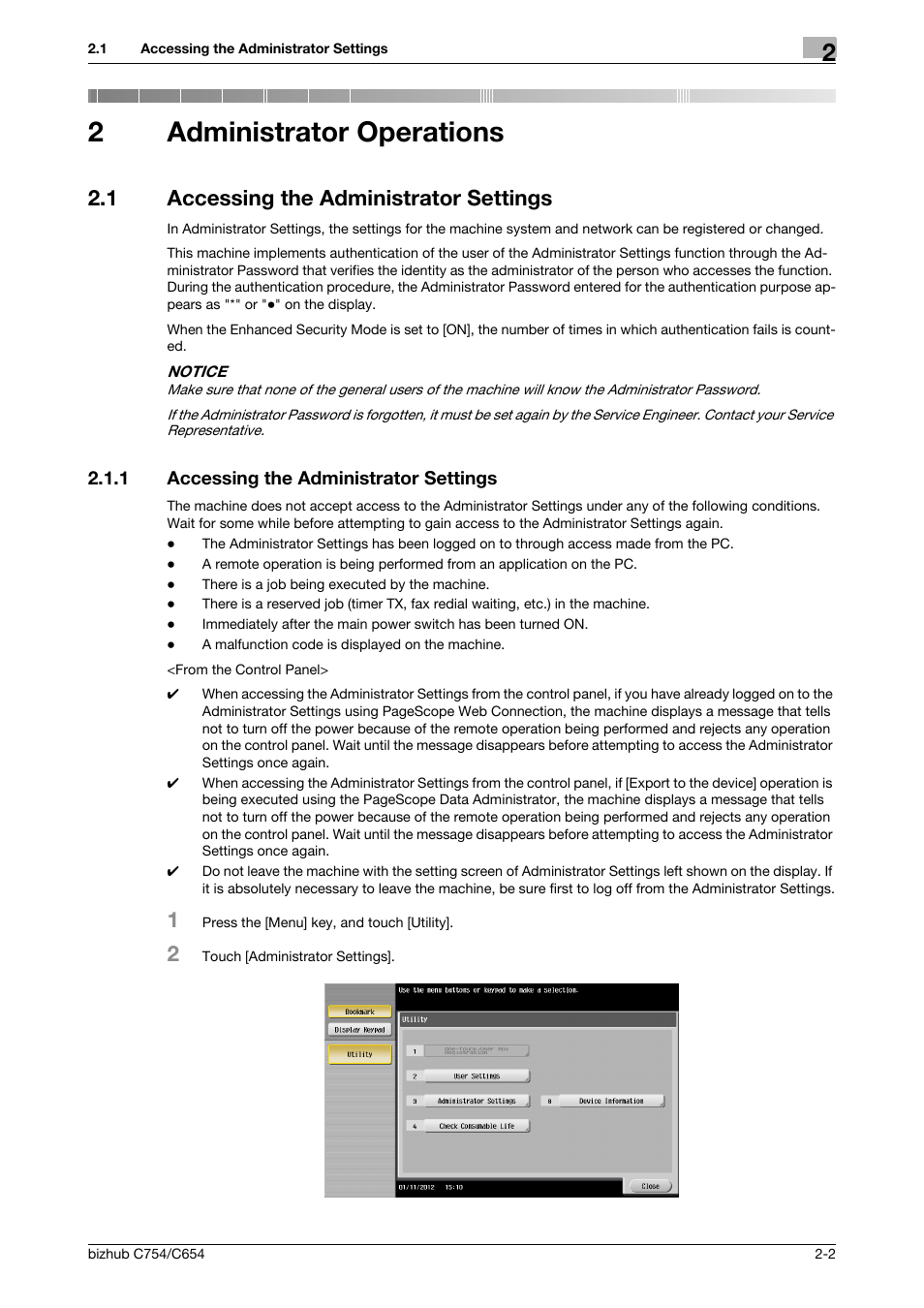 2 administrator operations, 1 accessing the administrator settings, Administrator operations | Accessing the administrator settings -2, 2administrator operations | Konica Minolta bizhub C754 User Manual | Page 18 / 195