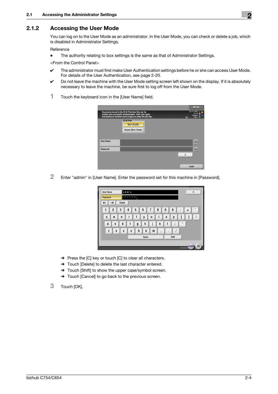 2 accessing the user mode, Accessing the user mode -4 | Konica Minolta bizhub C754 User Manual | Page 20 / 195