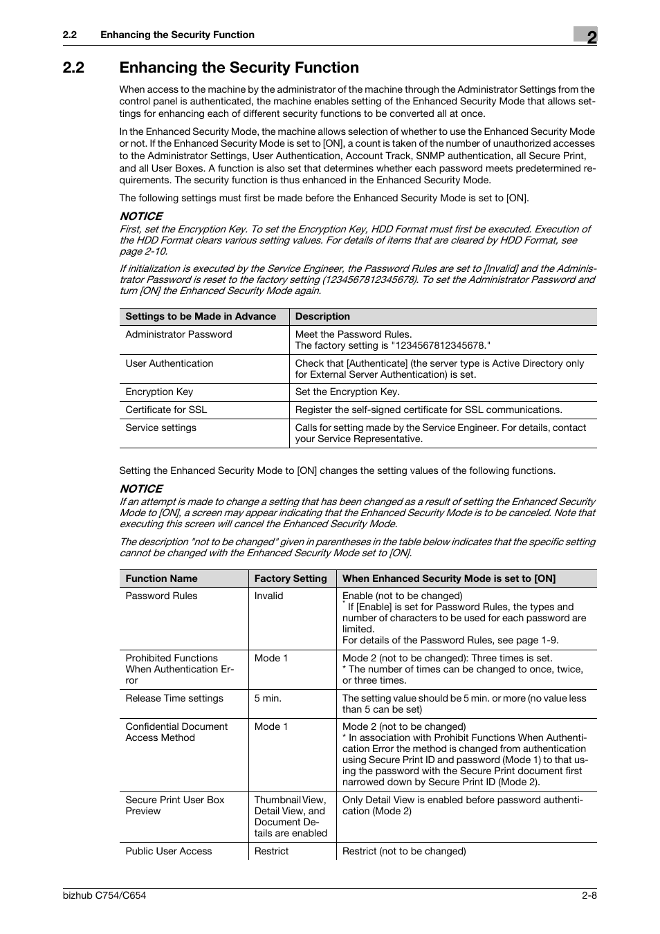 2 enhancing the security function, Enhancing the security function -8 | Konica Minolta bizhub C754 User Manual | Page 24 / 195