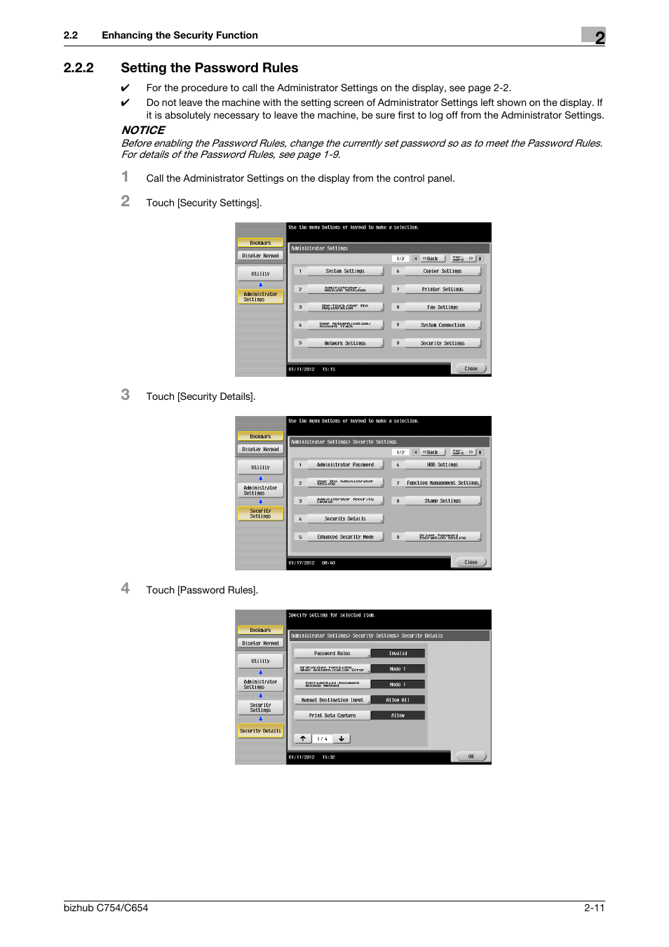 2 setting the password rules, Setting the password rules -11 | Konica Minolta bizhub C754 User Manual | Page 27 / 195