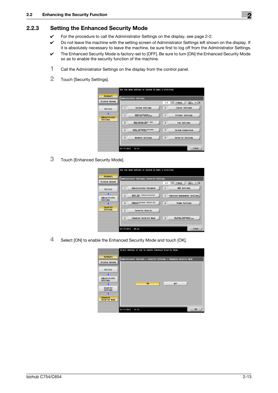 3 setting the enhanced security mode, Setting the enhanced security mode -13 | Konica Minolta bizhub C754 User Manual | Page 29 / 195