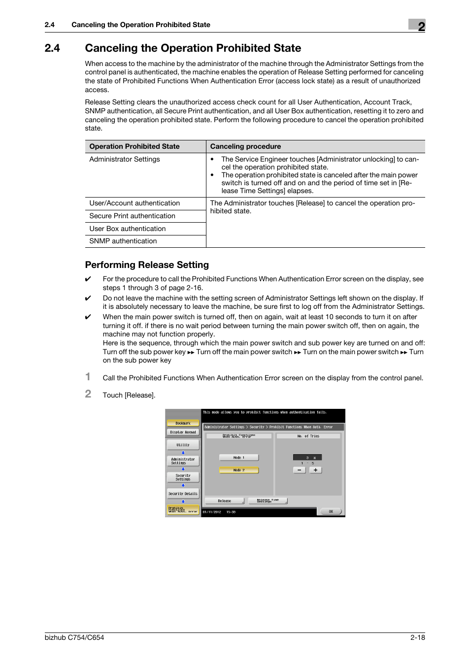 4 canceling the operation prohibited state, Performing release setting | Konica Minolta bizhub C754 User Manual | Page 34 / 195