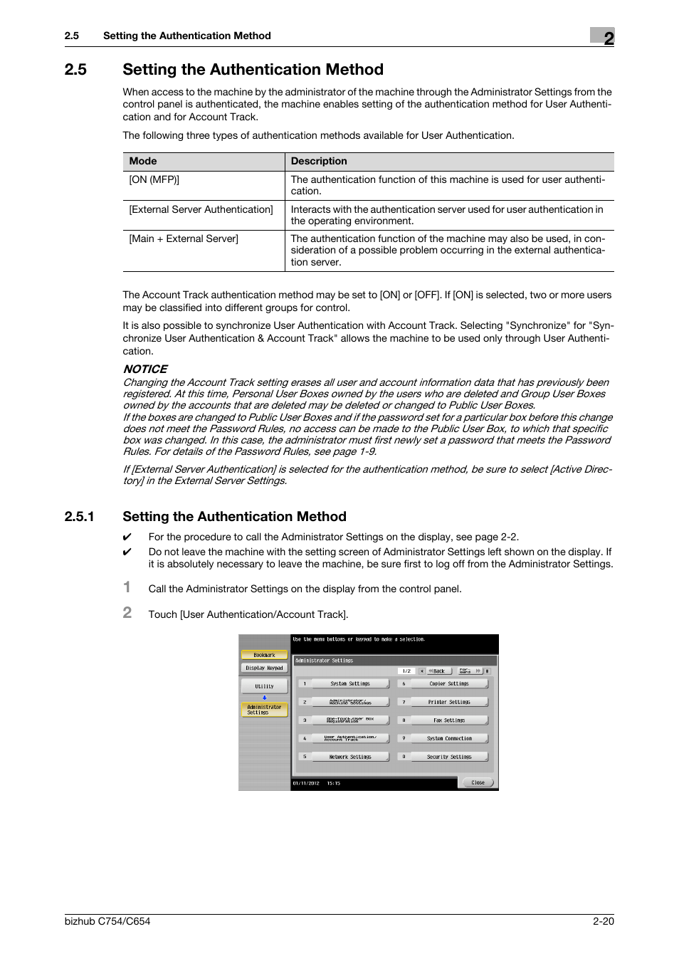 5 setting the authentication method, 1 setting the authentication method, Setting the authentication method -20 | Konica Minolta bizhub C754 User Manual | Page 36 / 195