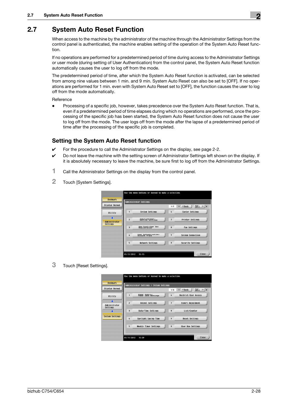 7 system auto reset function, Setting the system auto reset function | Konica Minolta bizhub C754 User Manual | Page 44 / 195