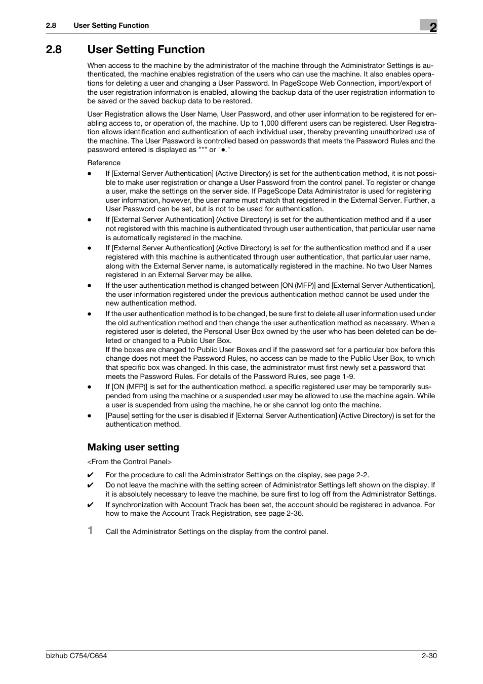 8 user setting function, Making user setting, User setting function -30 making user setting -30 | Konica Minolta bizhub C754 User Manual | Page 46 / 195