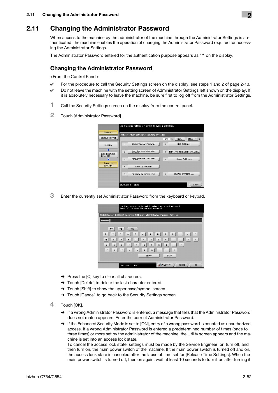 11 changing the administrator password, Changing the administrator password | Konica Minolta bizhub C754 User Manual | Page 68 / 195