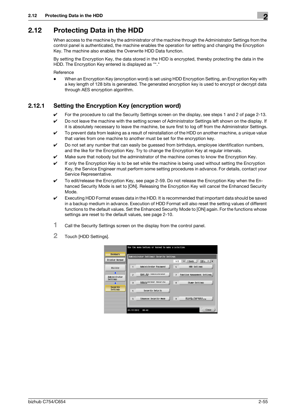 12 protecting data in the hdd, 1 setting the encryption key (encryption word), Protecting data in the hdd -55 | Setting the encryption key (encryption word) -55 | Konica Minolta bizhub C754 User Manual | Page 71 / 195