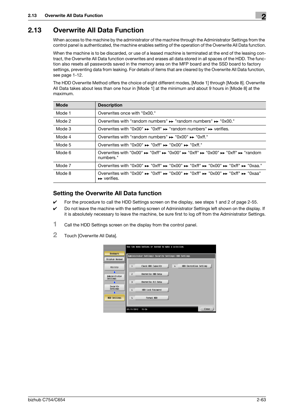 13 overwrite all data function, Setting the overwrite all data function | Konica Minolta bizhub C754 User Manual | Page 79 / 195