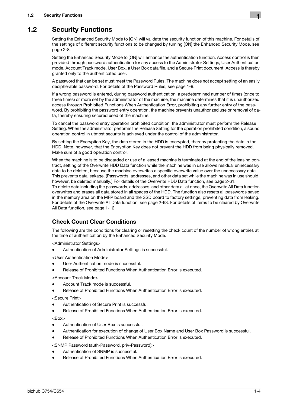 2 security functions, Check count clear conditions | Konica Minolta bizhub C754 User Manual | Page 8 / 195