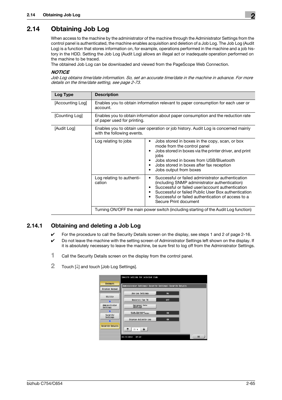 14 obtaining job log, 1 obtaining and deleting a job log, Obtaining job log -65 | Obtaining and deleting a job log -65 | Konica Minolta bizhub C754 User Manual | Page 81 / 195