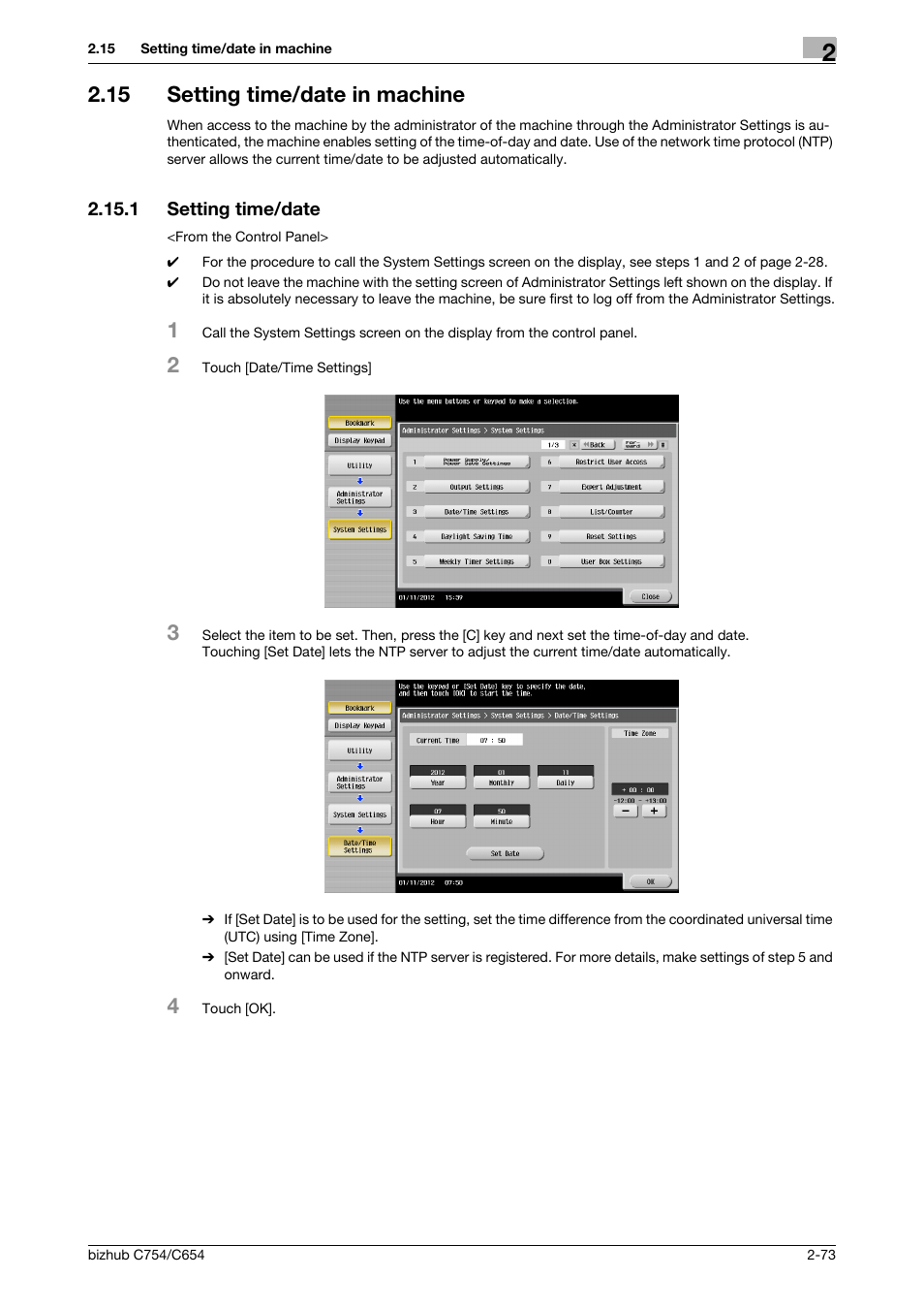 15 setting time/date in machine, 1 setting time/date, Setting time/date in machine -73 | Setting time/date -73 | Konica Minolta bizhub C754 User Manual | Page 89 / 195