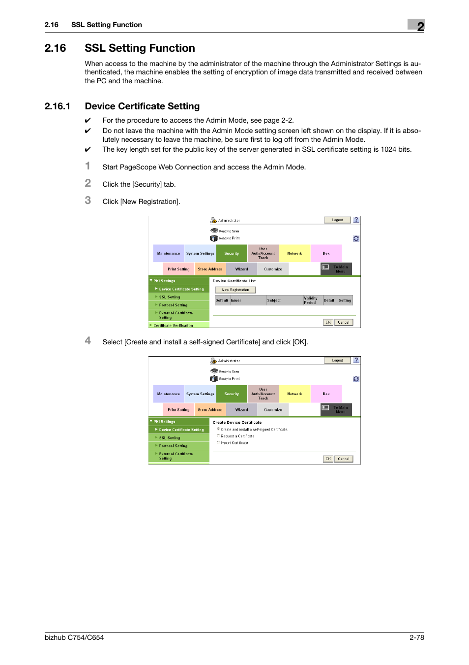 16 ssl setting function, 1 device certificate setting, Ssl setting function -78 | Device certificate setting -78 | Konica Minolta bizhub C754 User Manual | Page 94 / 195
