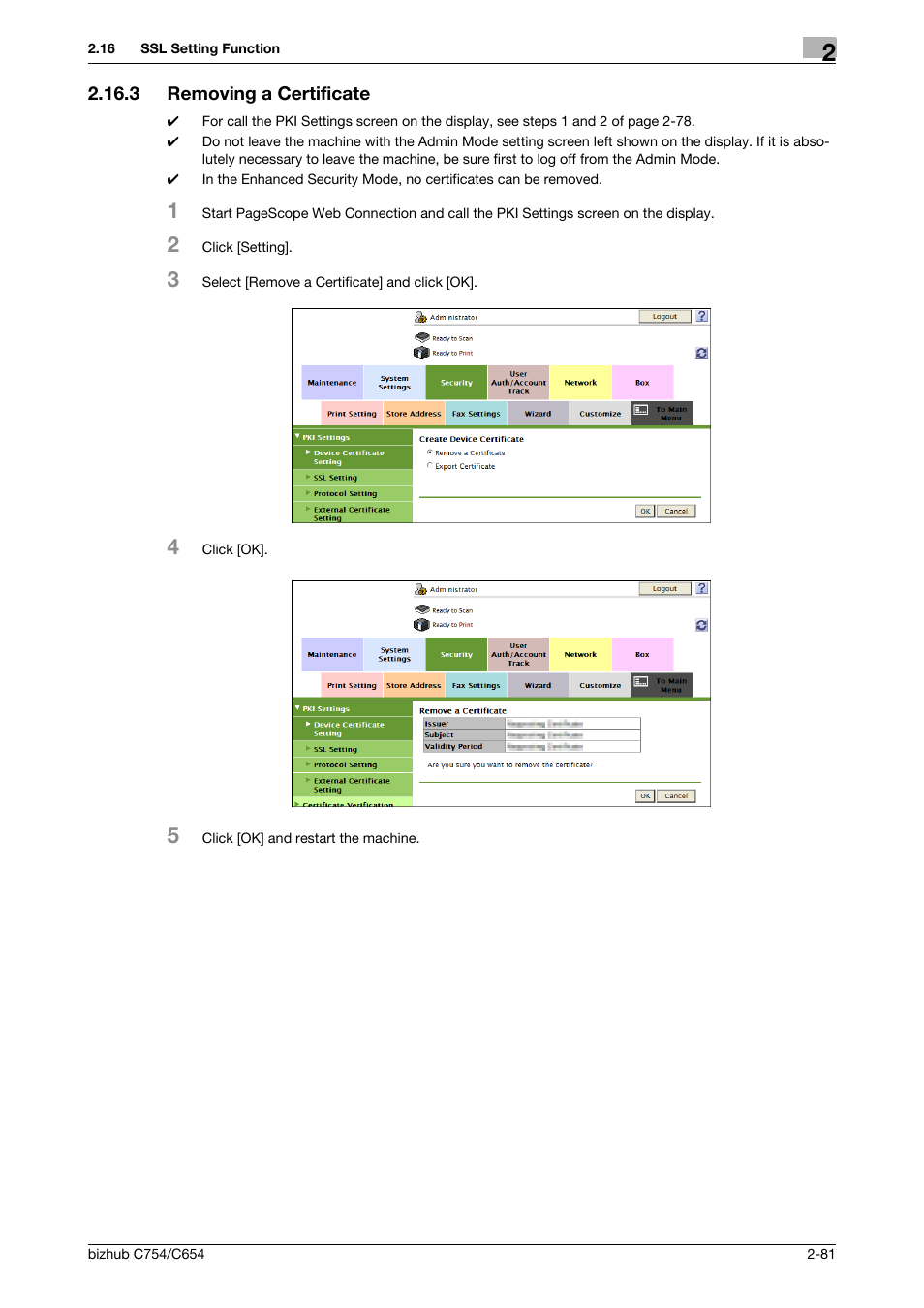 3 removing a certificate, Removing a certificate -81 | Konica Minolta bizhub C754 User Manual | Page 97 / 195