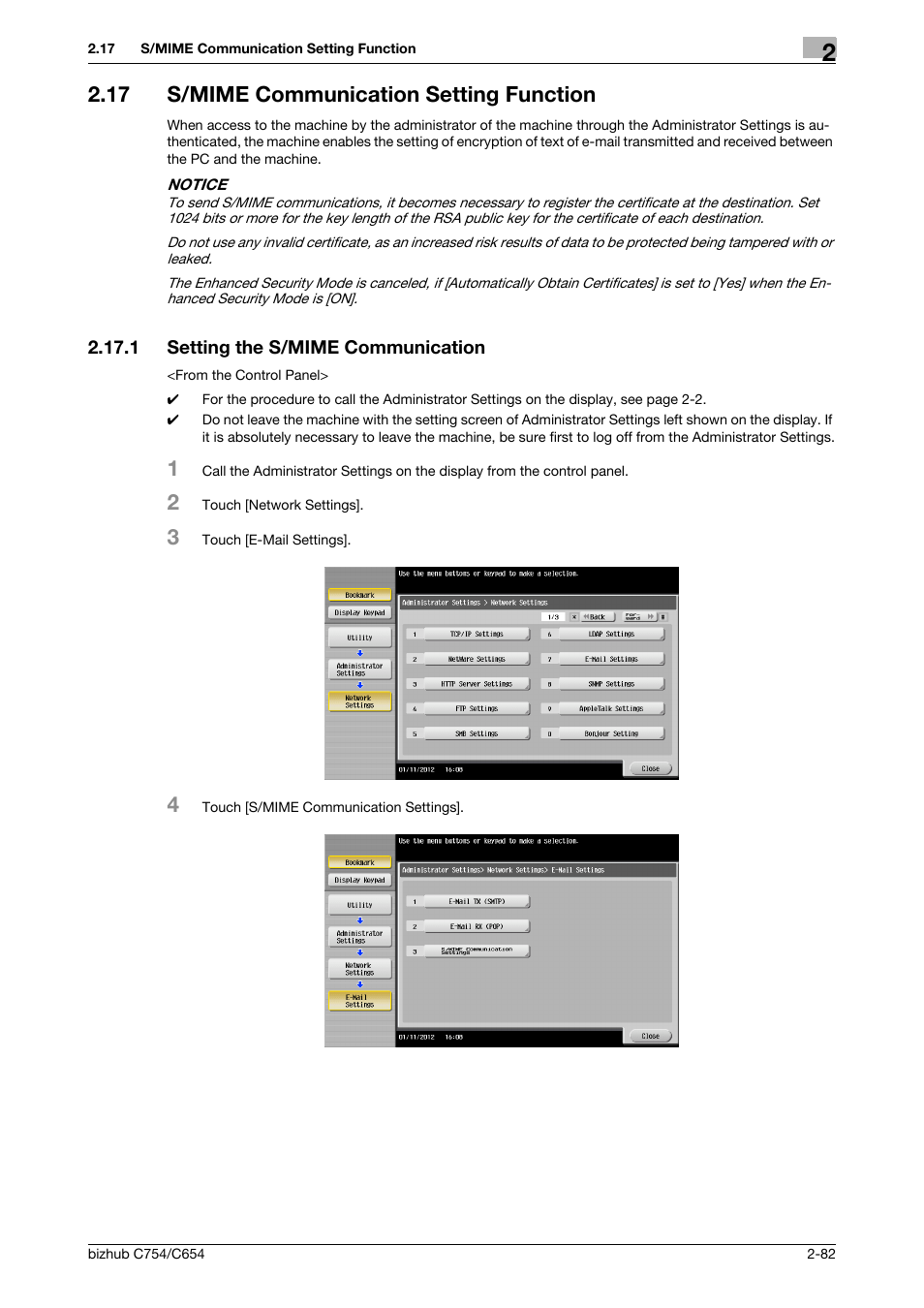 17 s/mime communication setting function, 1 setting the s/mime communication, S/mime communication setting function -82 | Setting the s/mime communication -82 | Konica Minolta bizhub C754 User Manual | Page 98 / 195